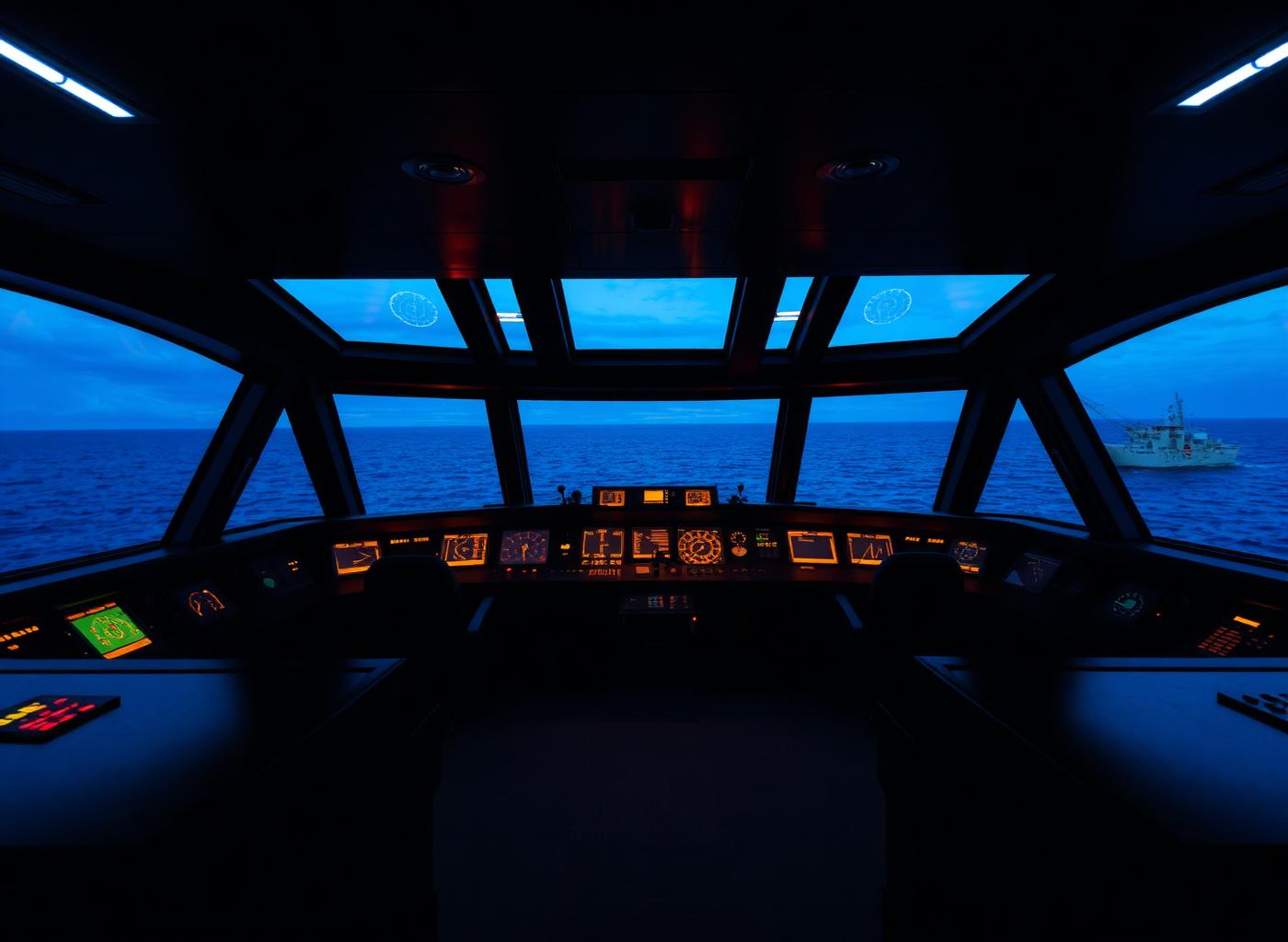 Plancia di comando di una nave all'ora blu, con strumenti illuminati e vista sul mare