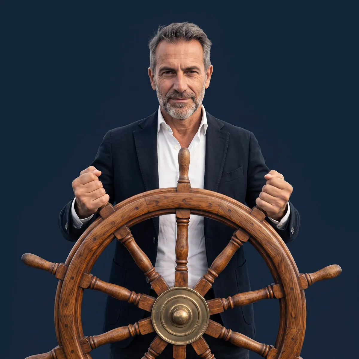 Imprenditore che tiene saldo il timone di una nave